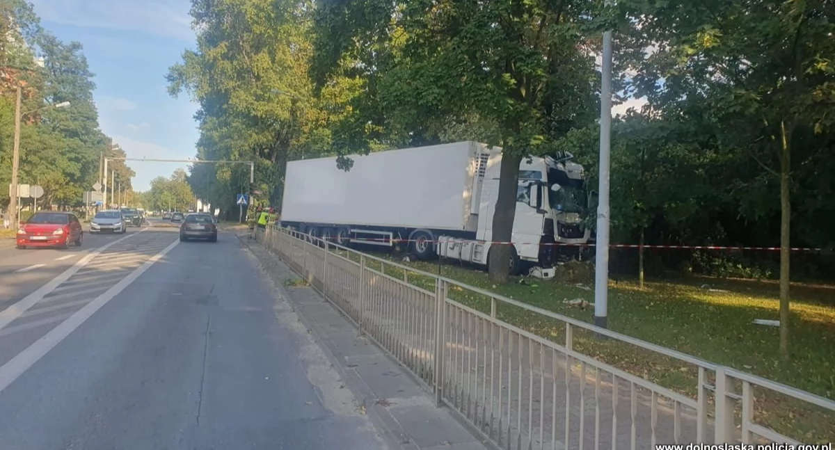 Wypadki drogowe, Oleśnica Kierowca ciężarówki zasłabł kierownicą wypadło drogi uderzyło drzewo - zdjęcie, fotografia