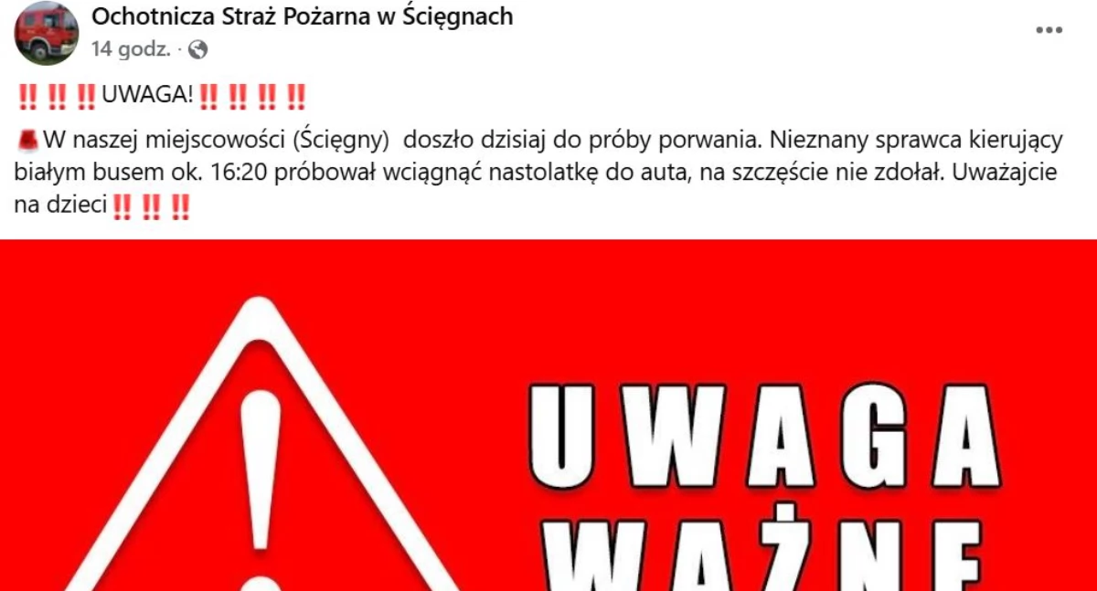 Próba porwania w Ścięgnach. Apel o czujność i rozwagę