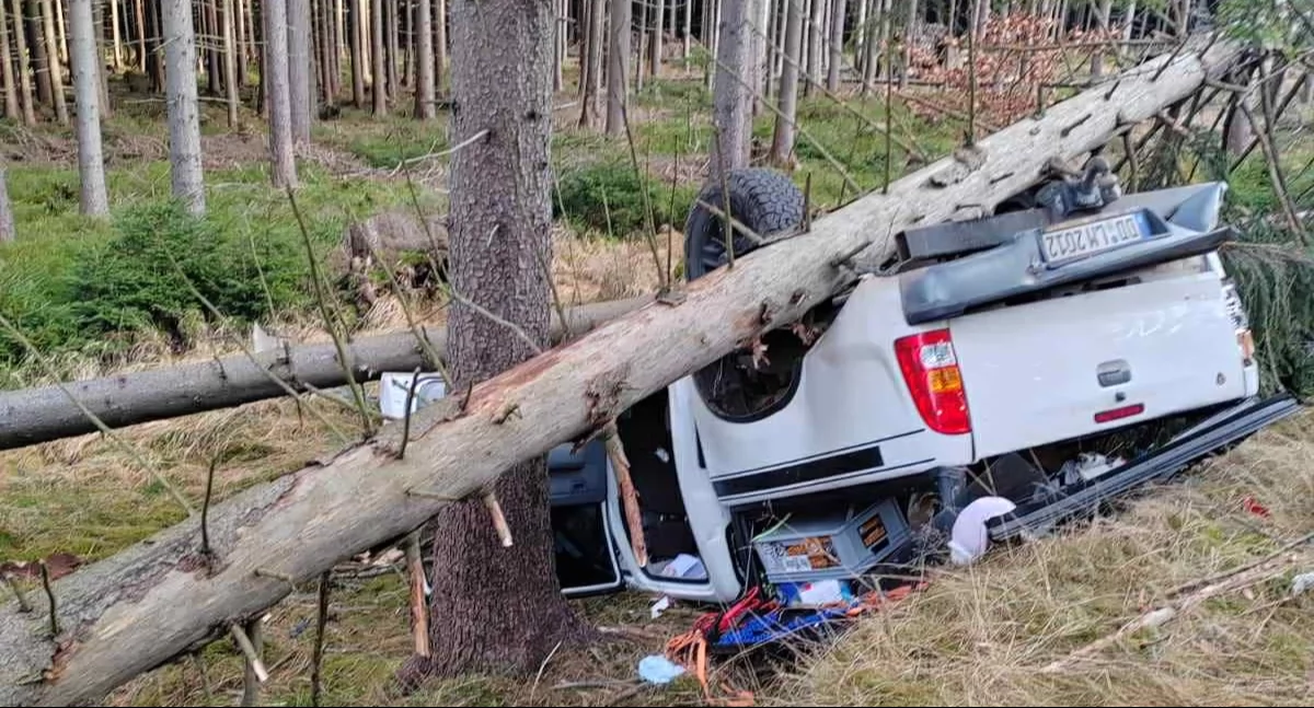 Wypadki drogowe, Poważny wypadek Cztery osoby ranne dachujący samochód runęło drzewo droga była zablokowana - zdjęcie, fotografia