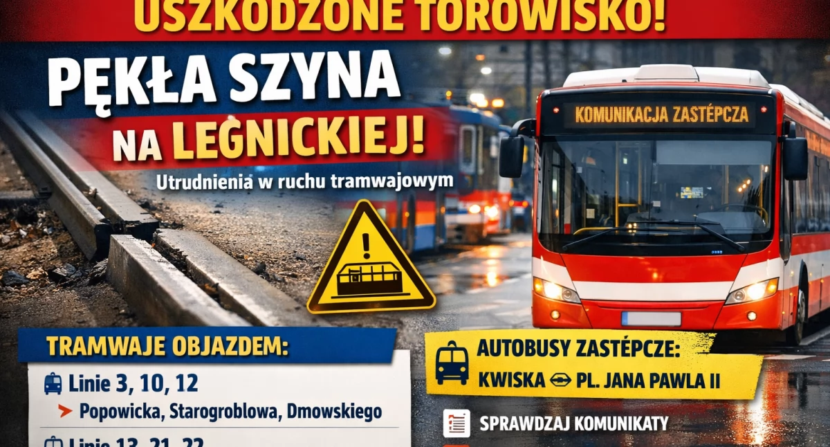 Utrudnienia na drogach, Pękła szyna Legnickiej Wrocławiu Duże utrudnienia ruchu tramwajowym - zdjęcie, fotografia