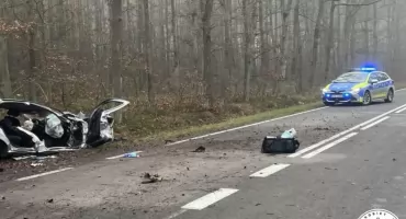 Śmiertelny wypadek na DW396 pod Oławą. 22-latek zginął po uderzeniu w drzewo
