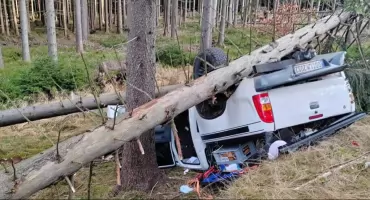 Poważny wypadek na DW 358. Cztery osoby ranne. Na dachujący samochód runęło drzewo, droga była zablokowana